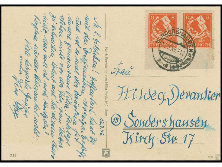 8 Pfg. rotorange, waagerechtes Paar vom Unterrand, nur senkrecht gezähnt mit Stempel "SONDERSHAUSEN 13.3.46" auf überfrankier