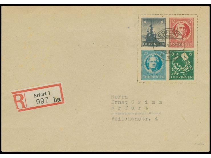 Herzstück 4-20 Pfg. mit Stempel "ERFURT 24.12.45" auf um 4 Pfg. überfrankiertem Einschreibe-Ortsbrief mit Ankunftsstempel, mi
