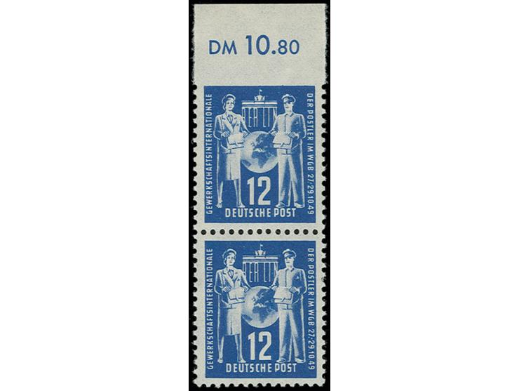 1949, Gründungskonferenz 12 Pfg. im senkrechten Oberrandpaar (Felder 9/19; mit im Michel nicht gelisteten Plattenfehlern), ob