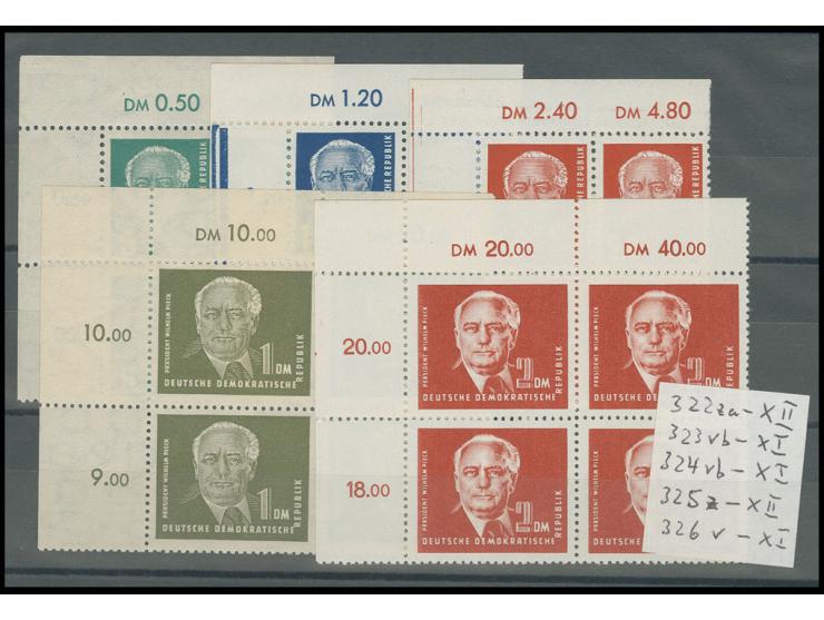 1952, Pieck 5 Pfg.-2 M. kpl., einheitlich in ungefalteten, nicht angetrennten Viererblocks aus der linken oberen Bogenecke, p