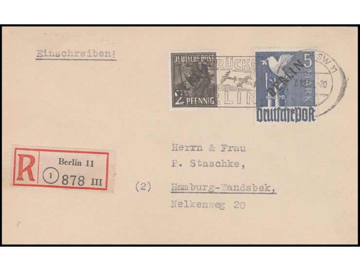 1948, Schwarzaufdruck 2 Pfg.-5 M. kpl. (8 Pfg. doppelt) mit Luftbrückenstempeln auf 9 philatelistischen R-Briefen nach Hambur