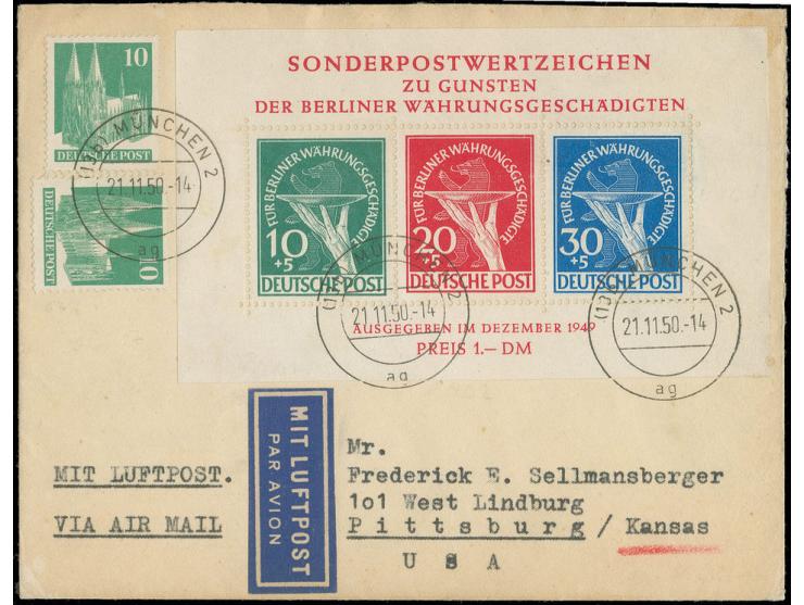 dito, auf Luftpostbrief aus "MÜNCHEN 21.11.50" mit portogerechter Zufrankatur in die USA, Umschlag minimal gebräunt