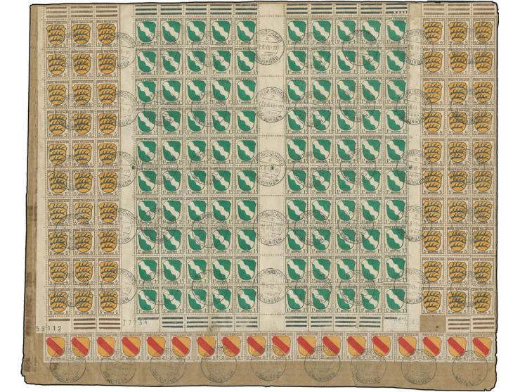1948, 1 Pfg. Wappen im kpl. Bogen (Druckdatum 29.12.45) mit vorder- und rückseitig portogerechter Zufrankatur, dabei 2 Druckd