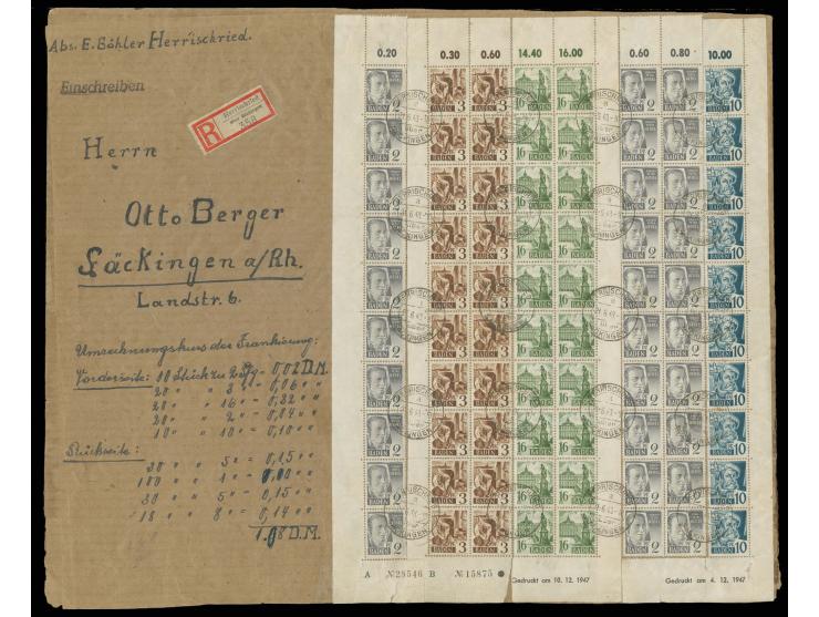 1948, 1 Pfg. Wappen im kpl. Bogen (Druckdatum 29.12.45) mit vorder- und rückseitig portogerechter Zufrankatur, dabei 2 Druckd