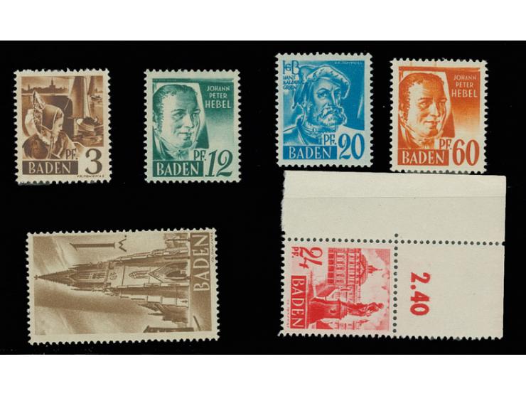  1947, 1. Ausgabe 3,12 20, 24 und 60 Pfg. sowie 1 M., alle mit Druck auf der Gummiseite, postfrisch, 24 Pfg. aus der linken o