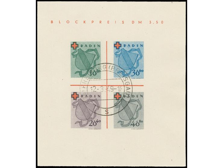 1949, Rot-Kreuz-Block mit zentrischem Stempel "FREIBURG (BREISGAU) 12 .3.49", oben kleiner Bräunungspunkt, sonst einwandfrei,