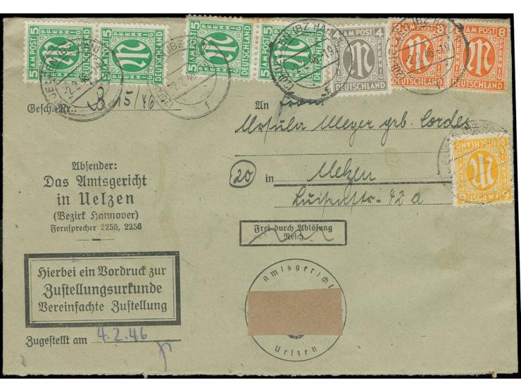 AM-Post, englischer Druck: 8 Pfg. (2) mit deutscher Druck 4, 5 (4) und 6 Pfg. auf Ortsbrief mit Zustellurkunde von "UELZEN (B