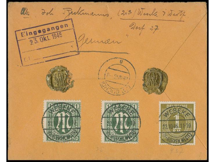 deutscher Druck: 1 M., zwei Werte rückseitig mit Stempel "WESEKE 22.10.46" auf Eilboten-Wertbrief-Fernbrief mit Zufrankatur n