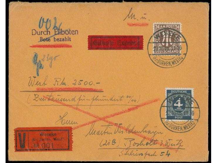 deutscher Druck: 1 M., zwei Werte rückseitig mit Stempel "WESEKE 22.10.46" auf Eilboten-Wertbrief-Fernbrief mit Zufrankatur n