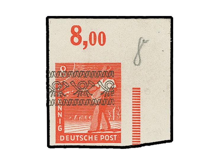 8 Pfg. ungezähnt aus der rechten oberen Bogenecke, etwas gummibügig und Haftstelle im Rand, eine sehr seltene Marke, u.a. sig