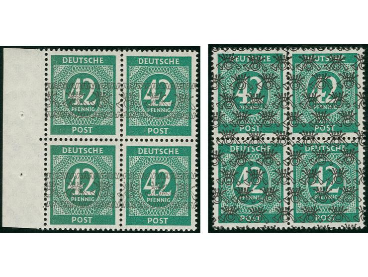 1948, 52 Werte Band- und Netzaufdruck kpl. in 4er-Blocks mit kopfstehendem Aufdruck, dabei bei 40 Pfg. und 60 Pfg. Bandaufdru