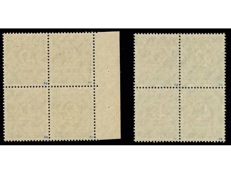 1948, 52 Werte Band- und Netzaufdruck kpl. in 4er-Blocks mit kopfstehendem Aufdruck, dabei bei 40 Pfg. und 60 Pfg. Bandaufdru