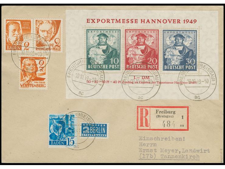 1949, Exportmesse-Block mit 30 Pfg. in schwarzviolettultramarin, mit Zusatzfrankatur auf R-Brief (um 1 Pfg. überfrankiert) vo