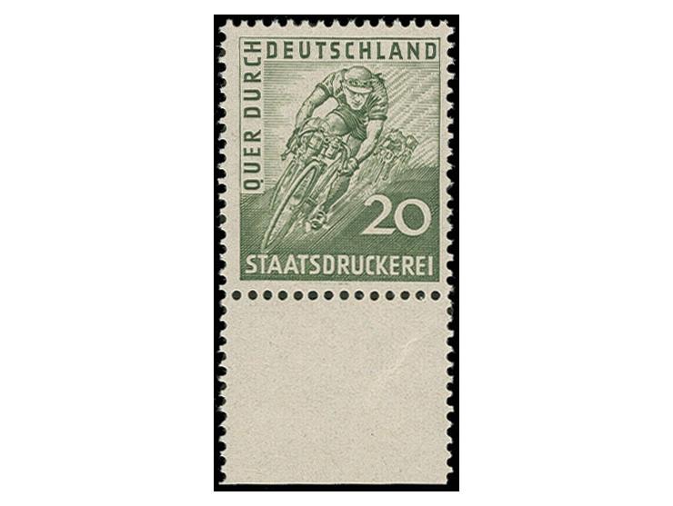 Radfahrer 20 Pfg., Probedruck in dunkeloliv, Unterrandstück, postfrisch, sign.