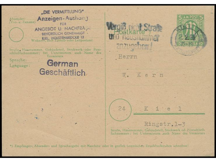 GANZSACHEN: 1945, Karte 5 Pfg. als Bedarfs-Ortskarte von "KIEL 2.2.46", selten