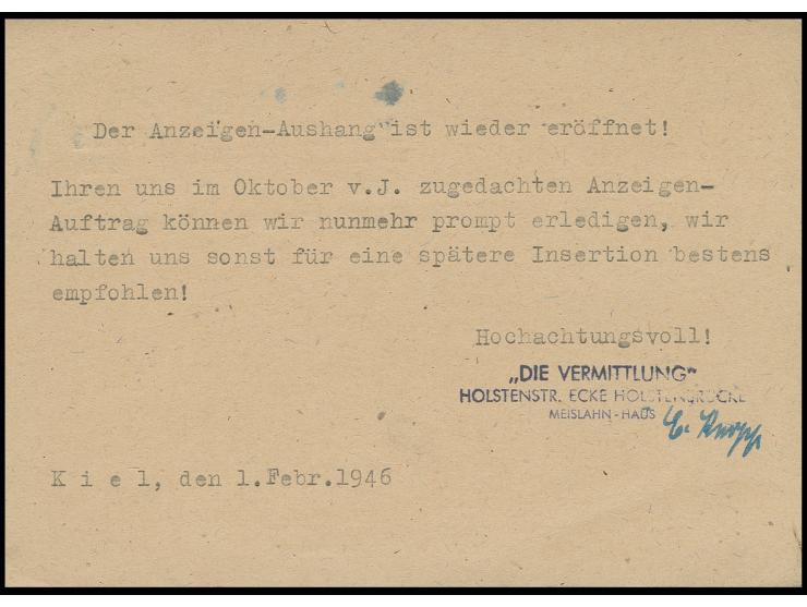 GANZSACHEN: 1945, Karte 5 Pfg. als Bedarfs-Ortskarte von "KIEL 2.2.46", selten