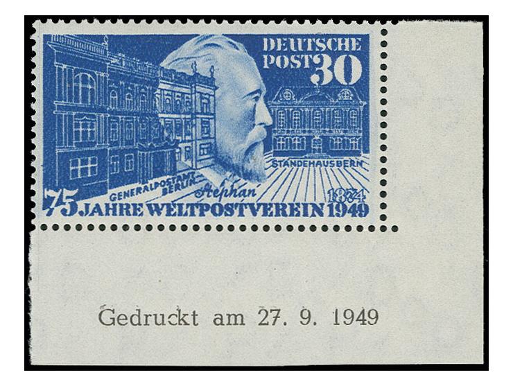 1949, UPU 30 Pfg. aus der rechten unteren Bogenecke mit Druckdatum "27.9.1949", postfrisch