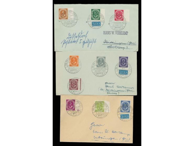 1951, Posthorn 2-30 Pfg. mit Ersttagssonderstempel "FRANKFURT / MAIN" auf 3 Briefen, 2 Werte Zahnverkürzungen