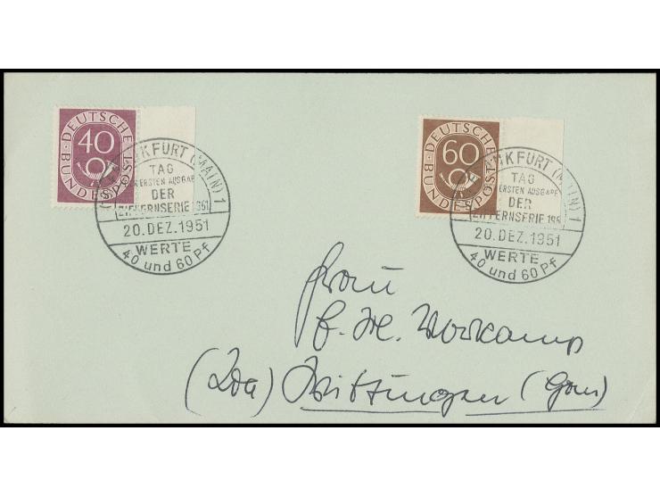 40 und 60 Pfg., beide vom rechten Bogenrand, mit Ersttags-Sonderstempel "FRANKFURT (MAIN) 20 DEZ 1951" auf beschrifteter Kart