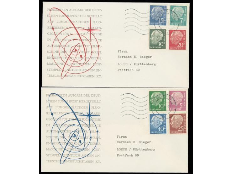 1960, Heuss lumogen 5-40 Pfg. kpl. mit Maschinenstempel "DARMSTADT 3.3.61" auf 2 Schmuckbriefen nach Lorch