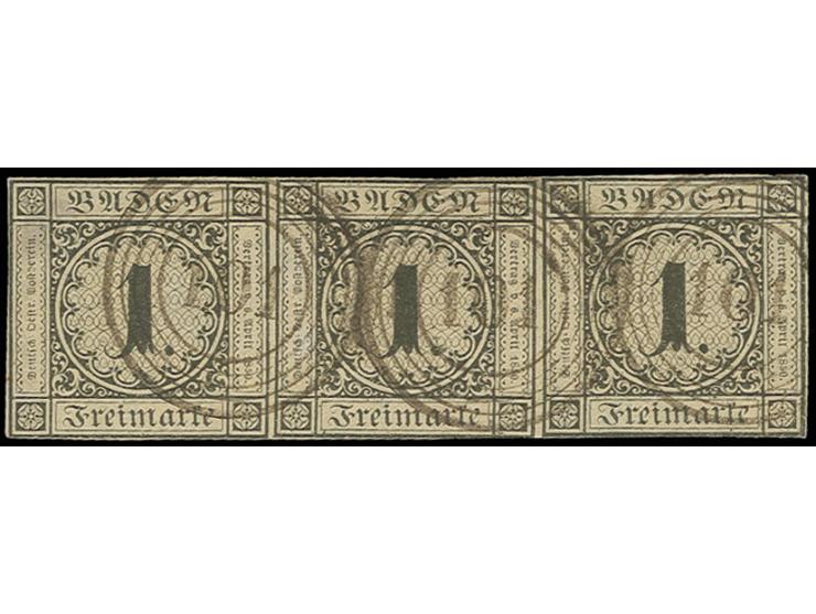 1851, Frühauflage: 1 Kr. auf sämisch, waagerechter Dreierstreifen, 2 und 3 Marke unten links leicht berührt, sonst vollrandig