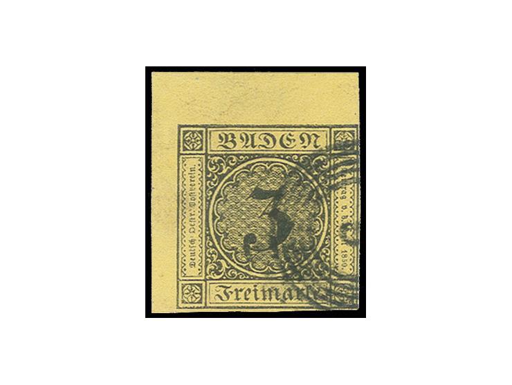 3 Kr. auf gelb, voll- bis überrandige linke obere Bogenecke mit ca. 3/6 mm Bogenrand, sauber gestempelt, Kabinett, sign. H. K