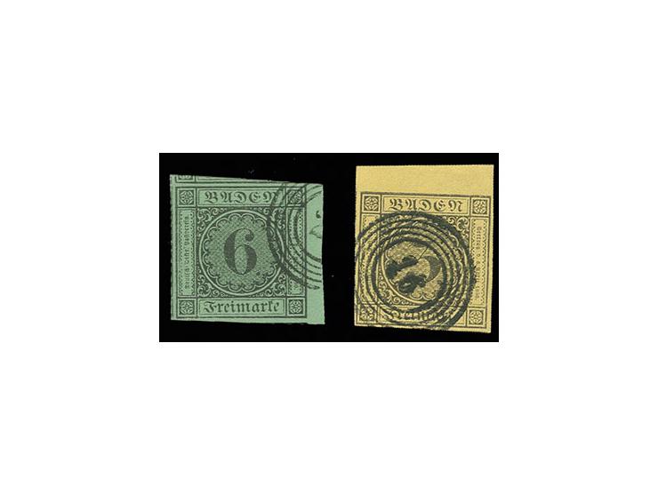 3 Kr. auf gelb, allseits breit- bis überrandig, oben mit 4/5 mm Bogenrand und 6 Kr. auf gelbgrün, allseits überrandig mit Tei