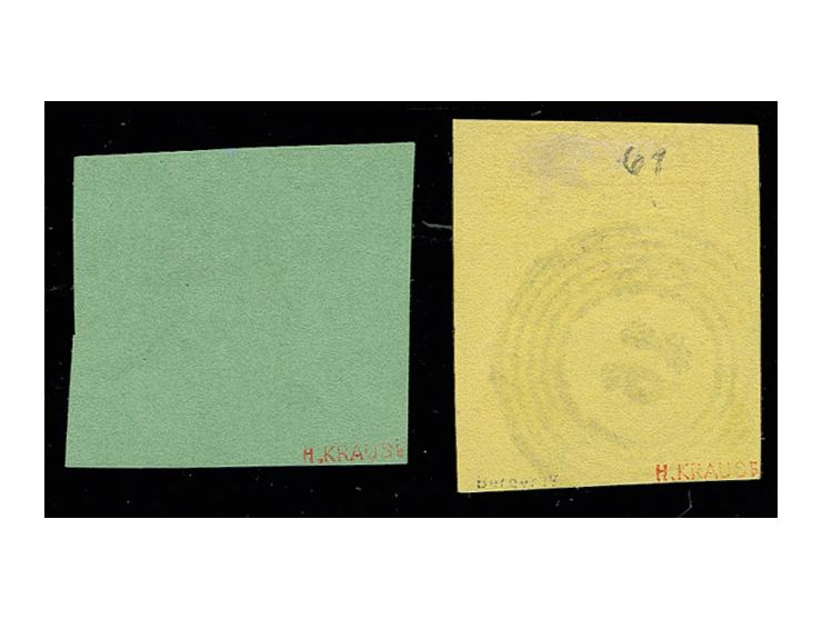 3 Kr. auf gelb, allseits breit- bis überrandig, oben mit 4/5 mm Bogenrand und 6 Kr. auf gelbgrün, allseits überrandig mit Tei
