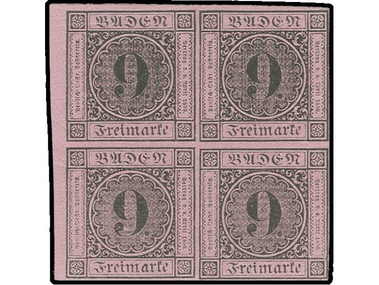 9 Kr. auf lilarosa im 4er-Block, voll- bis überrandig, oben mit kleinem Teil einer Nachbarmarke und links mit 2/3 mm Bogenran