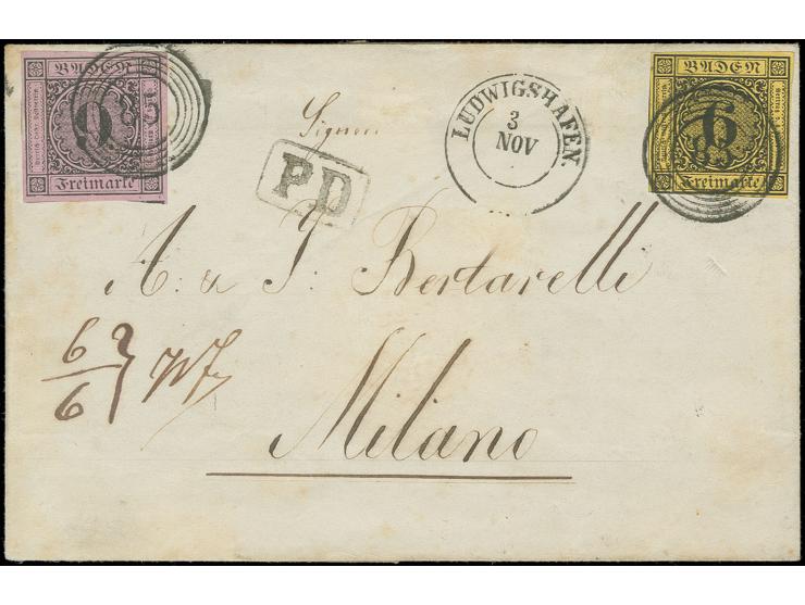 9 Kr. auf lilarosa, breit- bis überrandig in Mischfrankatur mit 1853/54, 6 Kr. auf gelb, gering berührt, mit jeweils glasklar