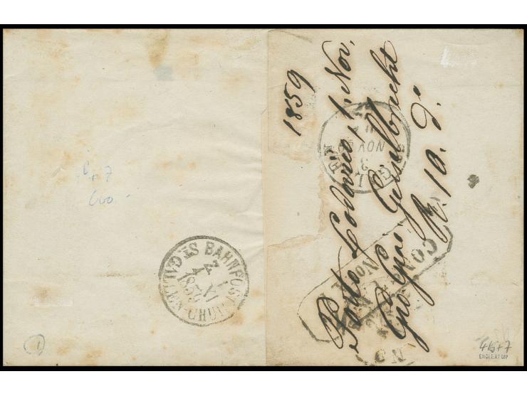 9 Kr. auf lilarosa, breit- bis überrandig in Mischfrankatur mit 1853/54, 6 Kr. auf gelb, gering berührt, mit jeweils glasklar