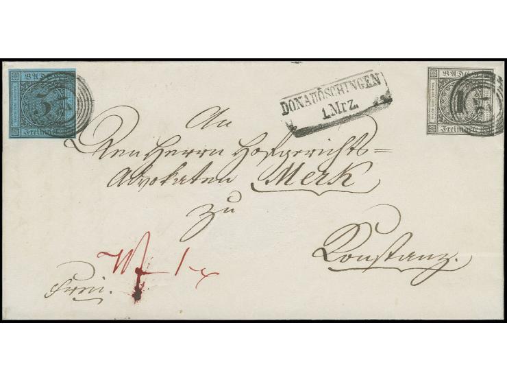 1853, Farbänderung: 1 Kr. schwarz in Mischfrankatur mit 1858, 3 Kr. auf blau, beide voll- bis breitrandig mit Nummer "27" auf