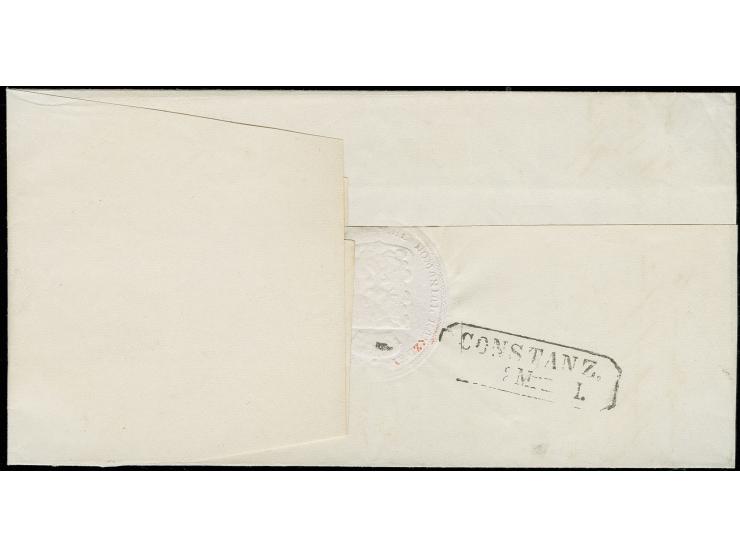 1853, Farbänderung: 1 Kr. schwarz in Mischfrankatur mit 1858, 3 Kr. auf blau, beide voll- bis breitrandig mit Nummer "27" auf