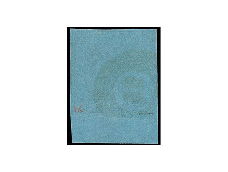 1858, 3 Kr. auf blau, allseits breit- bis überrandig, rechts mit Teil der Nebenmarke und unten mit 8 mm Bogenrand (hier waage