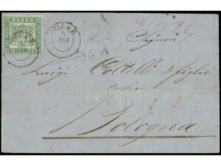 18 Kr. grün, farbfrisch und tadellos gezähnt mit DKr. "ZELL a. H. 5 FEB" (1866) auf kpl. Faltbrief nach Bologna mit 12 Kr. au