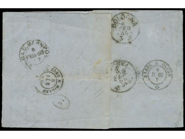 18 Kr. grün, farbfrisch und tadellos gezähnt mit DKr. "ZELL a. H. 5 FEB" (1866) auf kpl. Faltbrief nach Bologna mit 12 Kr. au