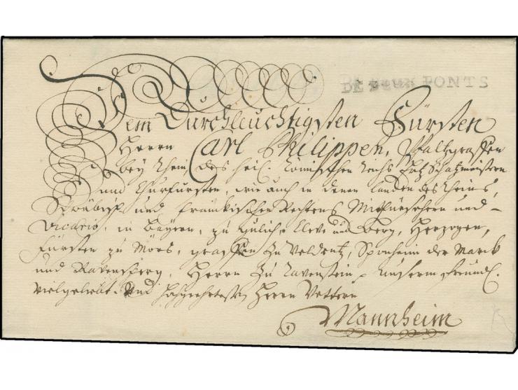 1741, "DE DEUX PONTS", zarter L1 (Feuser-Nr. 4082-1) auf kpl. Faltbrief mit 9-zeiliger Ergebenheitsadresse von Christian IV "