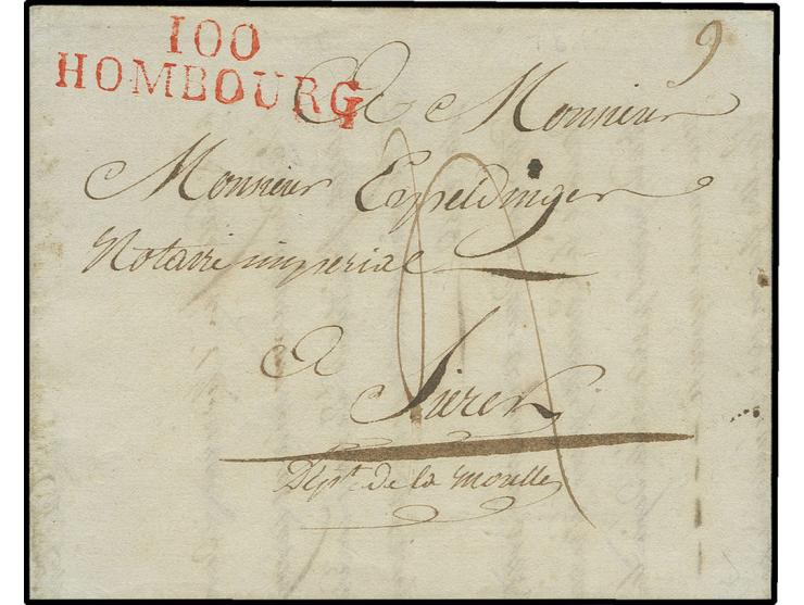 1813, "100 / HOMBOURG", klarer roter L2 (Feuser-Nr. 1546-3) auf Faltbrief nach Sierck
