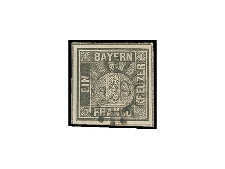 Platte 2: 1 Kr. grauschwarz, allseits ungewöhnlich breitrandig mit allen 4 Schnittlinien, zentrisch und klar entwertet durch 