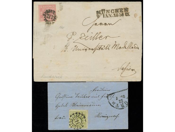 1850, 1 Kr. rosa, voll- bis überrandig mit linkem Bogenrand auf Ortsbrief von München sowie 9 Kr. gelbgrün, breit- bis überra