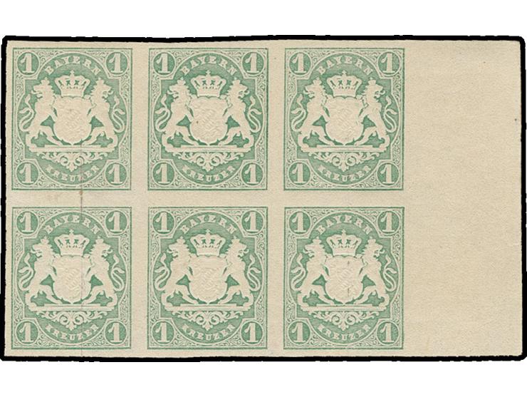 1867, 1 Kr. grün im waagerechten 6er-Block, allseits breit- bis überrandig, rechts mit 19 mm Bogenrand, die beiden linken Wer