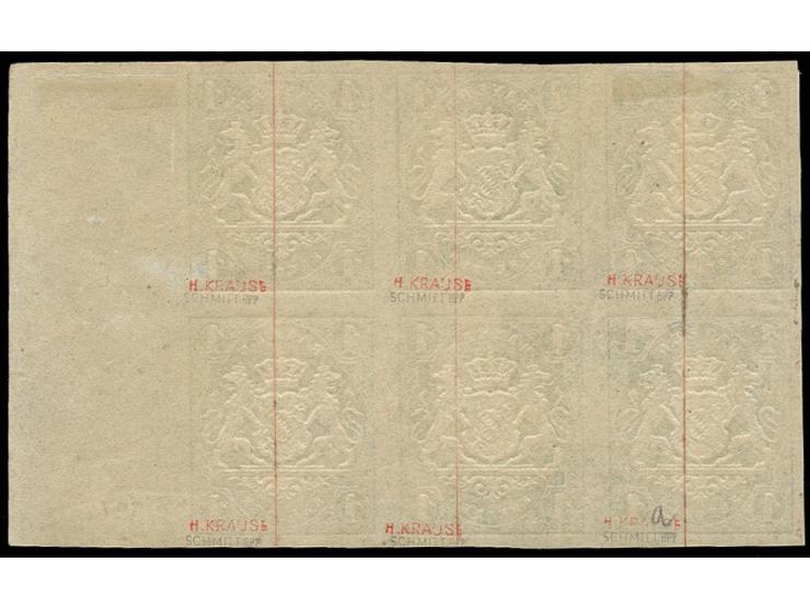 1867, 1 Kr. grün im waagerechten 6er-Block, allseits breit- bis überrandig, rechts mit 19 mm Bogenrand, die beiden linken Wer