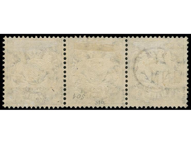 1874, 1 M. violett im waagerechten 3er-Streifen mit Ra2 von Nürnberg, links in der Zähnung leicht gefaltet und linke Marke ei
