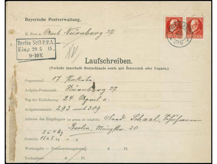1914, Ludwig 10 Pfg. im waagerechten Paar mit Stempel "NÜRNBERG 28.MAI.15 auf Laufschreiben über 17 Pakete nach Berlin mit rü