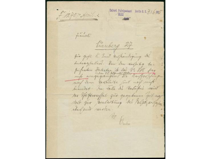 1914, Ludwig 10 Pfg. im waagerechten Paar mit Stempel "NÜRNBERG 28.MAI.15 auf Laufschreiben über 17 Pakete nach Berlin mit rü