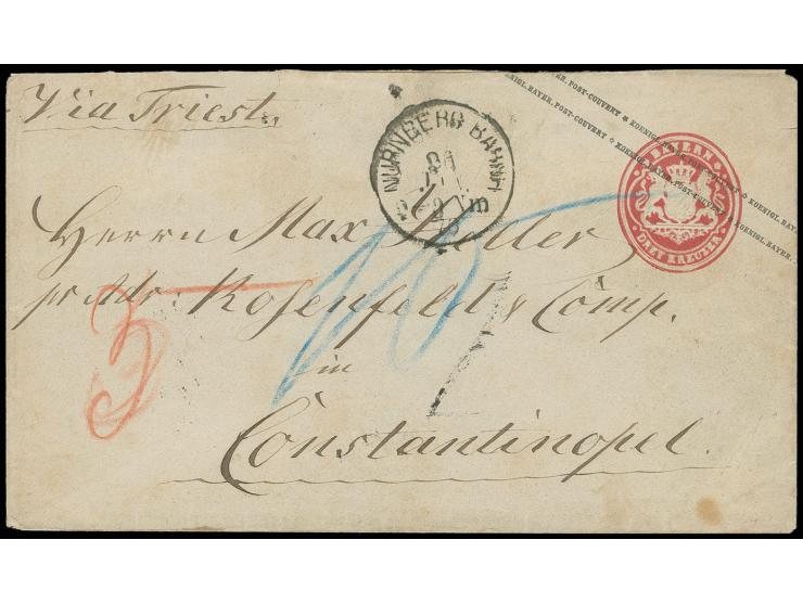 GANZSACHEN, 1869, Umschlag 3 Kr. rosa mit nebengesetztem EKr. "NÜRNBERG BAHNH. 26 JAN 70" als Teilfrankobrief über Wien und T