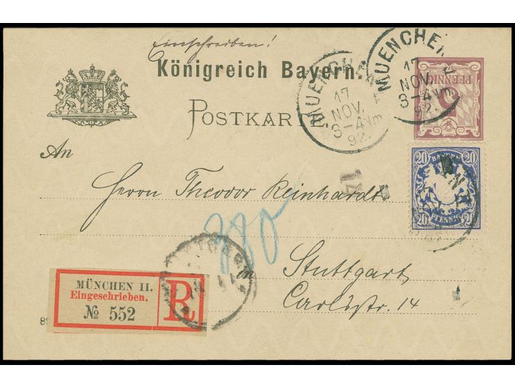 1892, Karte 5 Pfg. mit kopfstehendem Werteindruck und Zufrankatur Staatswappen 20 Pfg. als Einschreibe-Karte von "MUENCHEN 17
