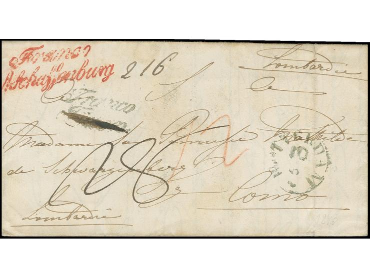 DIVERSES: 1840, "Franco Aschaffenburg" in rot auf kpl. Brief von Rotterdam nach Como in der Lombardei mit nebengesetztem "Fra