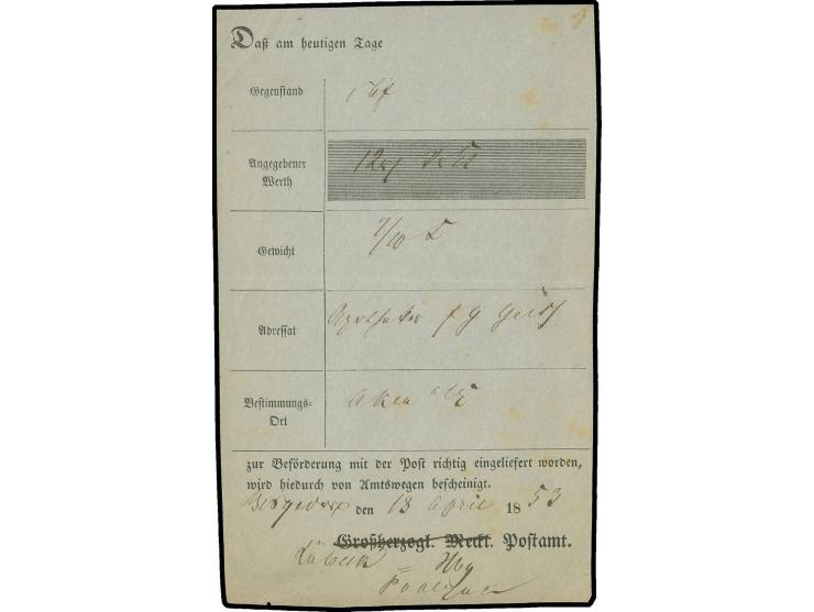 1853, abgeänderter mecklenburgischer Postschein für einen Wertbrief von Bergedorf nach Oker, etwas fleckig, selten (Hornhues 
