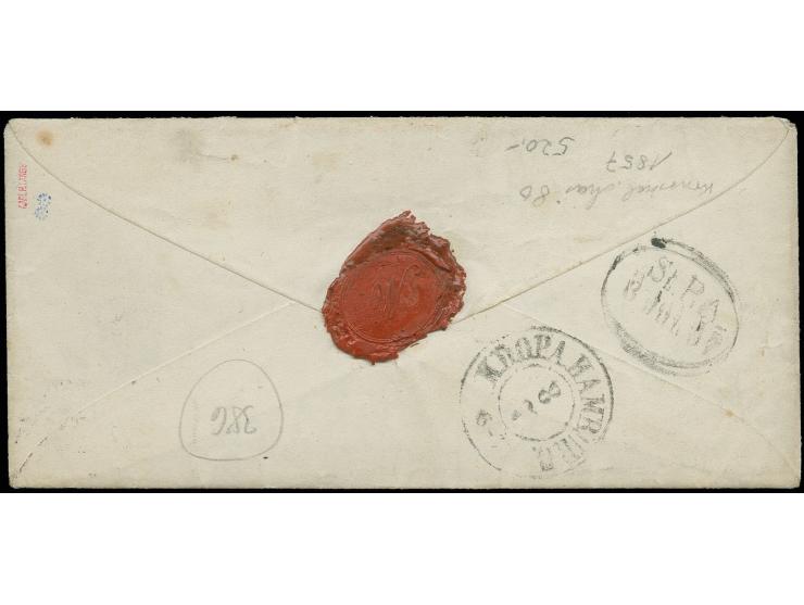 "B.L.P.A." sowie nebengesetzter Halbkreisstempel vom 8.7.(1857) auf Briefkuvert mit vollständigem Inhalt aus Riepenburg nach 